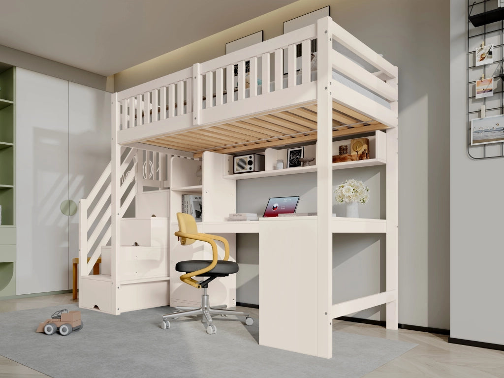 Letto a soppalco per bambini 90 × 200 cm con scala-armadio, scrivania ad angolo, senza materasso, bianco