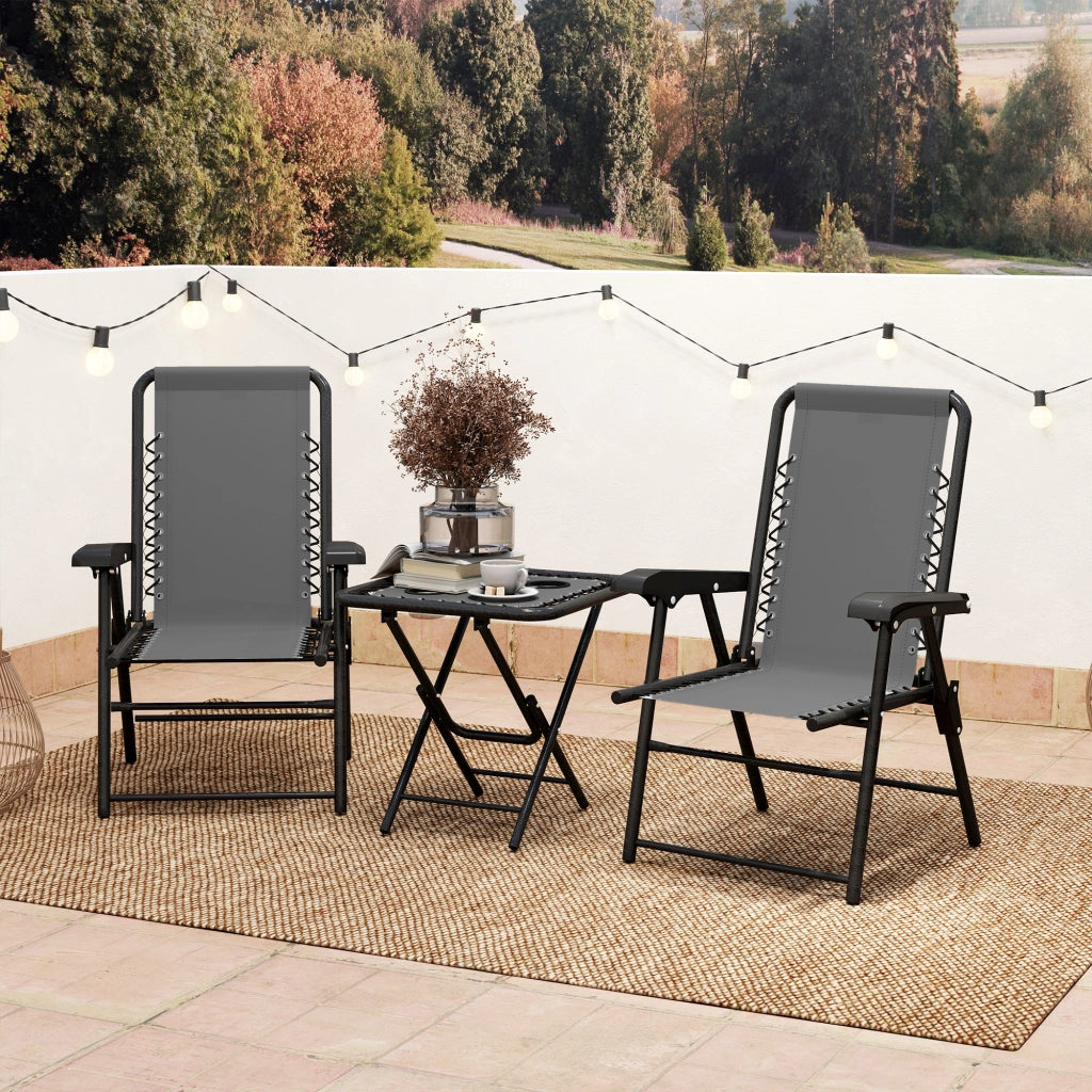 Set bistrot in acciaio a 3 pezzi: robusto; tavolo pieghevole + portatazze + sedie; grigio scuro