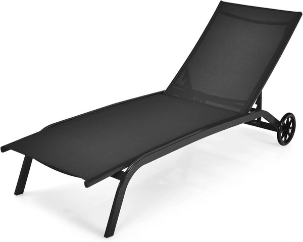 Lettino Prendisole con Ruote, Sedia a Sdraio Regolabile in 6 Posizioni per Giardino, Balcone e Piscina, Portata fino a 150 kg, 191 x 61 cm, 3 Colori (Nero)
