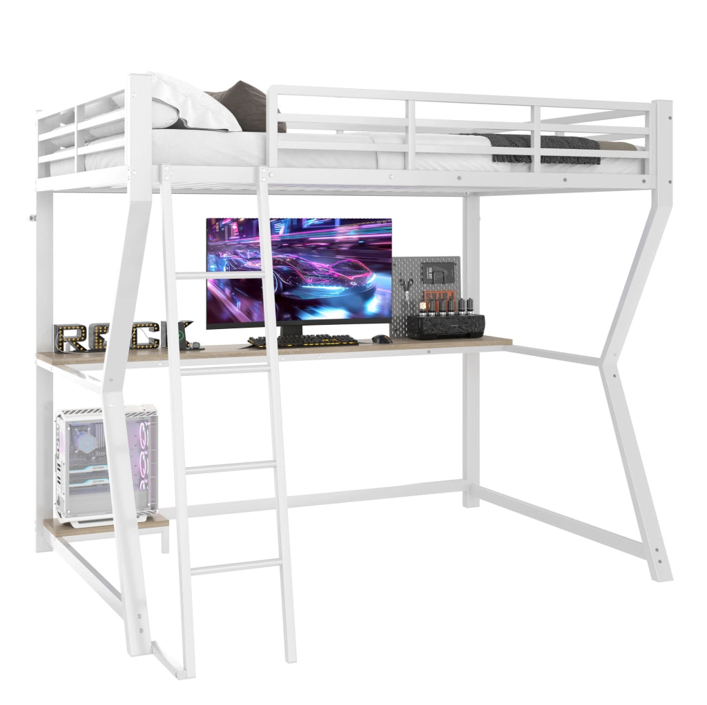 Letto a soppalco 90x200 cm con scrivania, LED, prese USB e scala