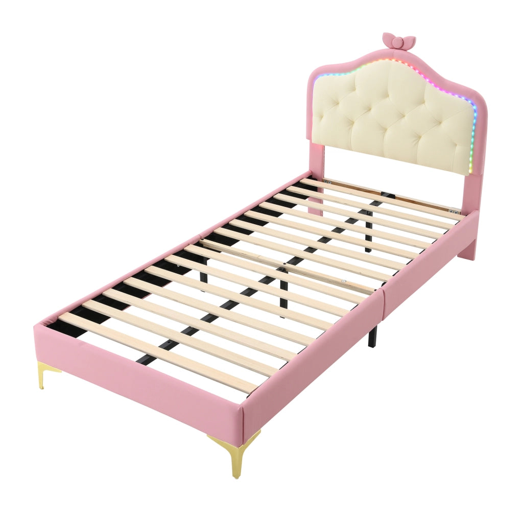 Letto imbottito 90x200 cm con LED e fiocco in PU bianco e rosa
