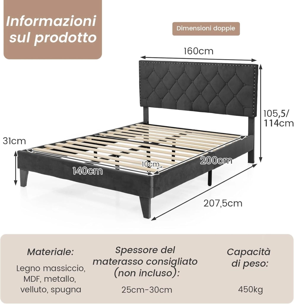 Telaio del Letto a Piattaforma Imbottito, Struttura Letto Moderna con Testiera, con Doghe in Legno, Carico Massimo 450kg (200 x 140 cm)
