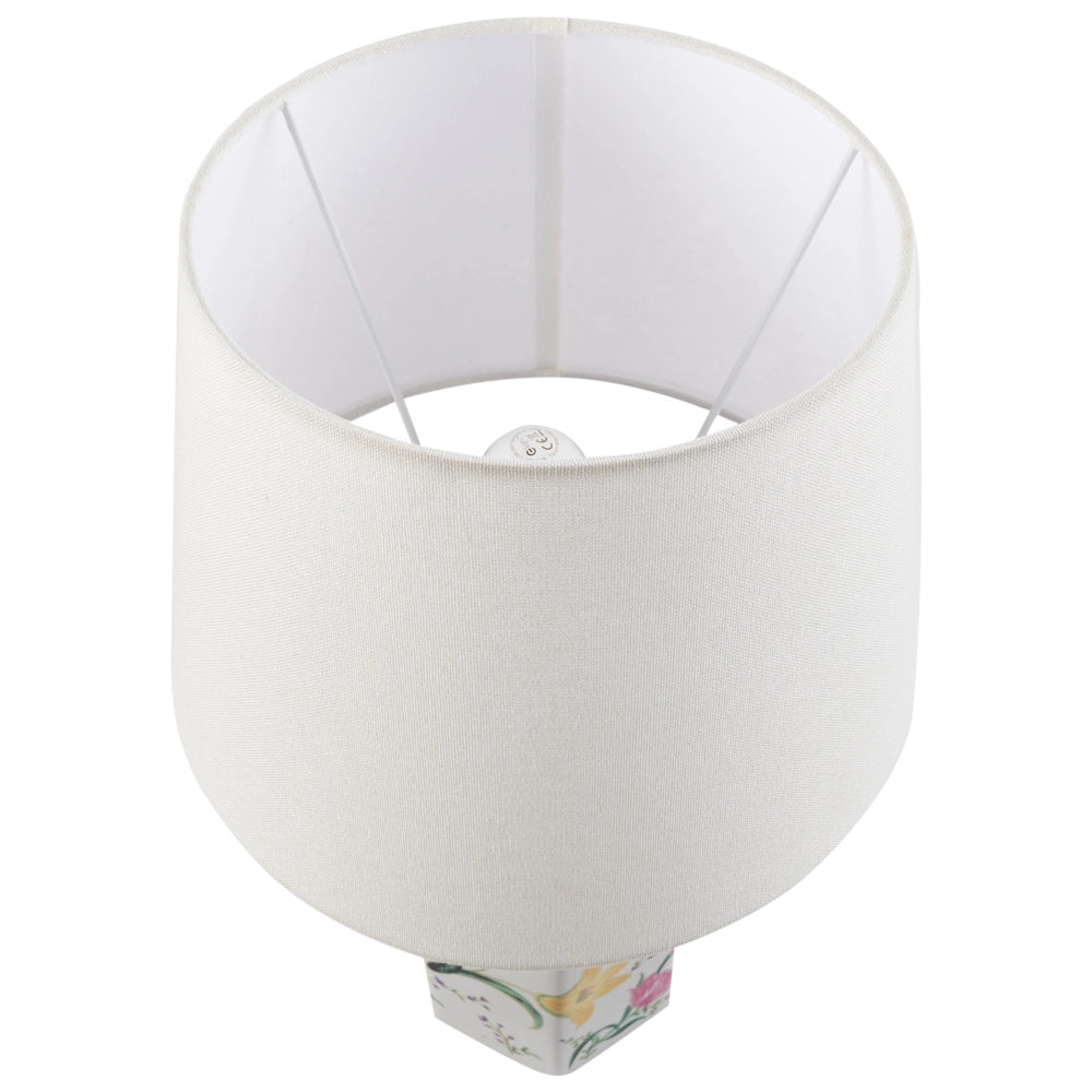 Lampada da tavolo Base in porcellana bianca Paralume a tamburo in lino con patten floreale Illuminazione elegante