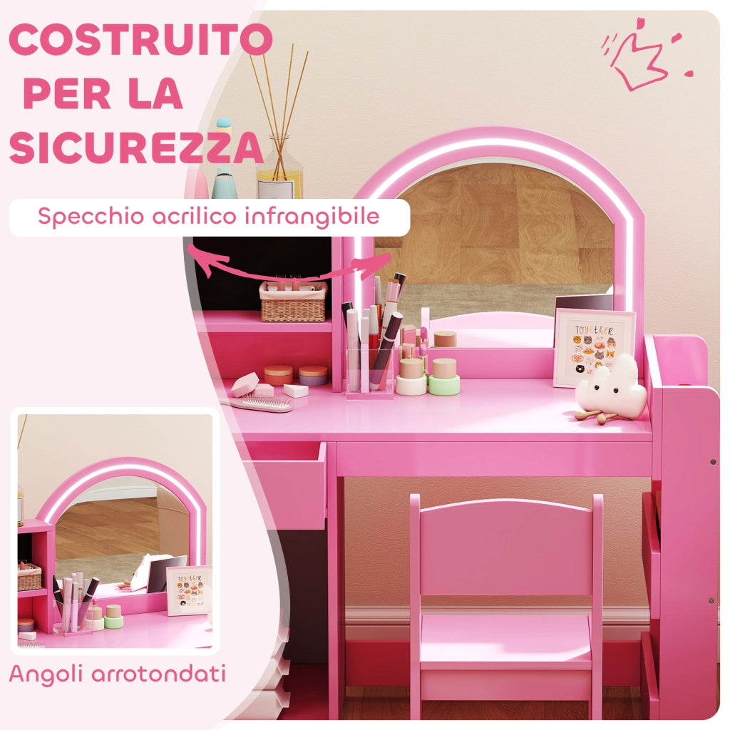 Set trucco e toeletta bambini con specchio, sedia, luce LED, scaffali e libreria ¨C zephmum ¨C rosa