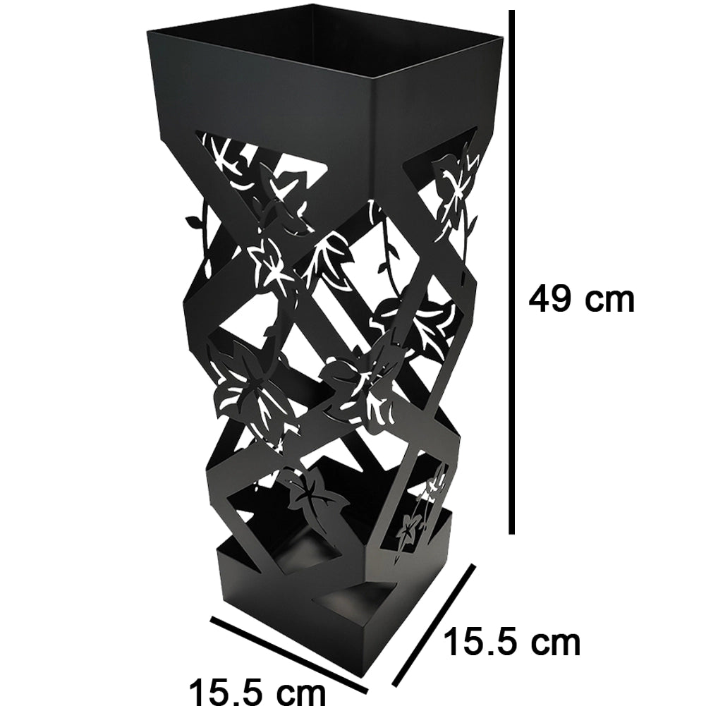 Portaombrelli da Ingresso Design Floreale Quadrato 15,5x15,5x49 cm in Ferro Nero
