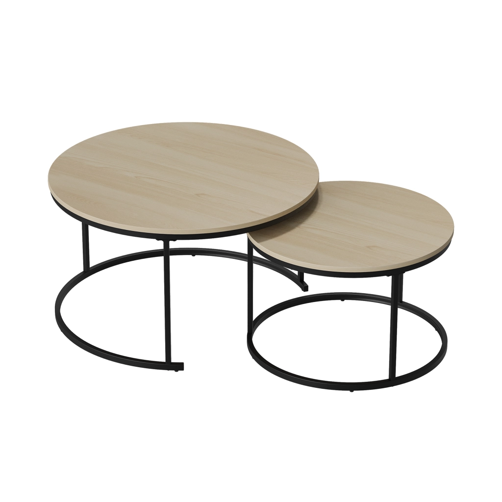 Set di tavolini da caffè impilabili con 2 tavoli rotondi e piedini regolabili; in metallo e pannello truciolare; rovere