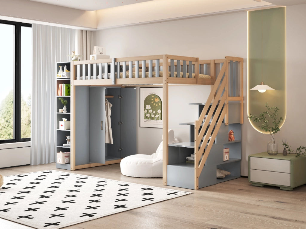 Letto a castello grigio e legno naturale con funzione contenitiva 90x200 cm