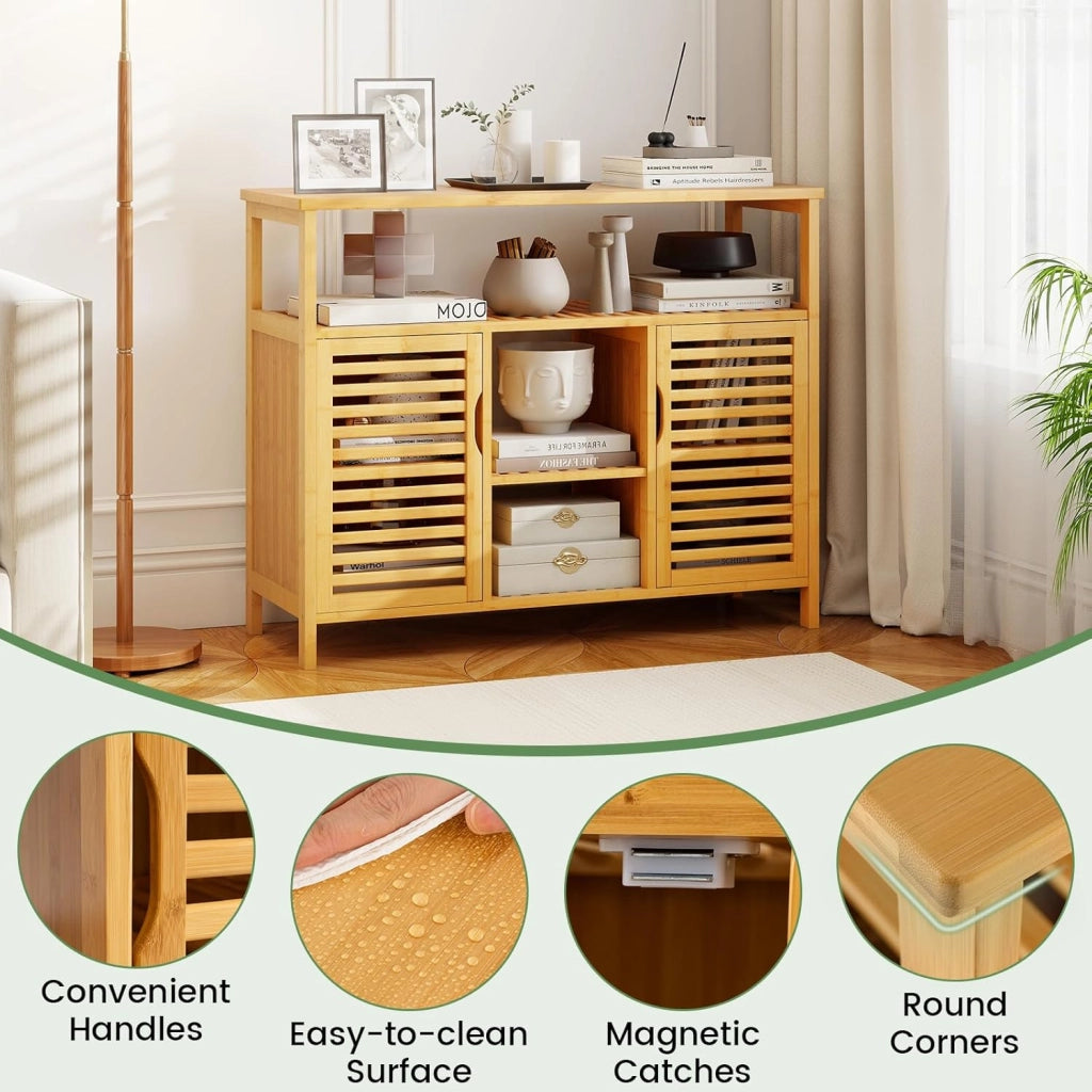 Armadio da bagno in bambù con ante a persiana e mensole, organizer per soggiorno, ingresso, cucina, sala da pranzo, 100 x 35 x 80 cm, naturale
