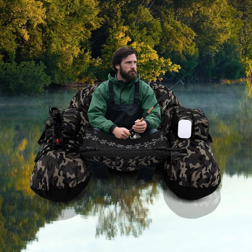 Barca Gonfiabile da Pesca, Belly Boat Portatile con Portacanna Regolabile, Supporto per Ami, Pagaia in Alluminio, Pinne, Pompa e Kit di Riparazione, Portata 150 kg