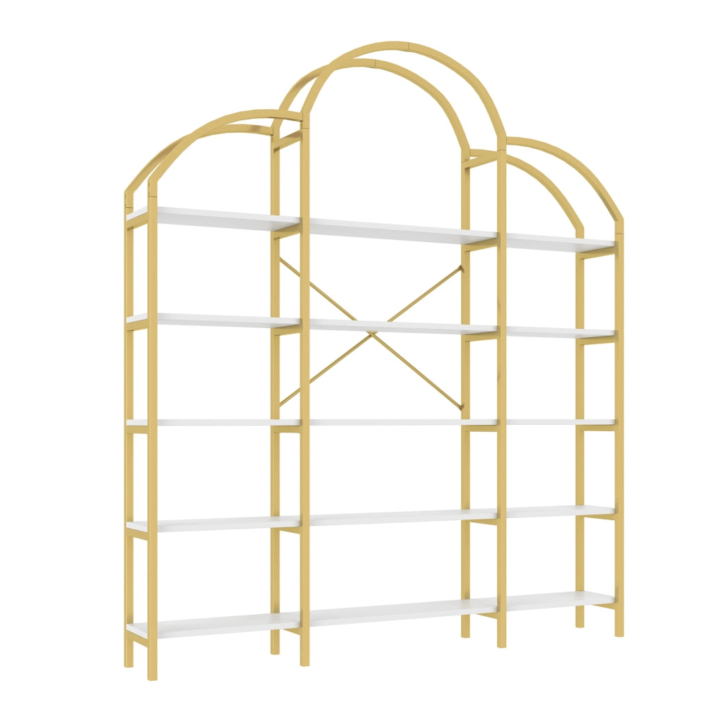 Scaffale a 5 ripiani in metallo e MDF, stile essenziale, oro e bianco