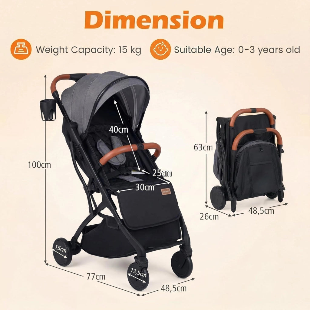 Passeggino Leggero per Bambini e Neonati, Passeggino Pieghevole e Portatile con Ruote, Schienale Regolabile, Tettuccio, Cintura di Sicurezza, Cesto e Copertura Antipioggia (Grigio)