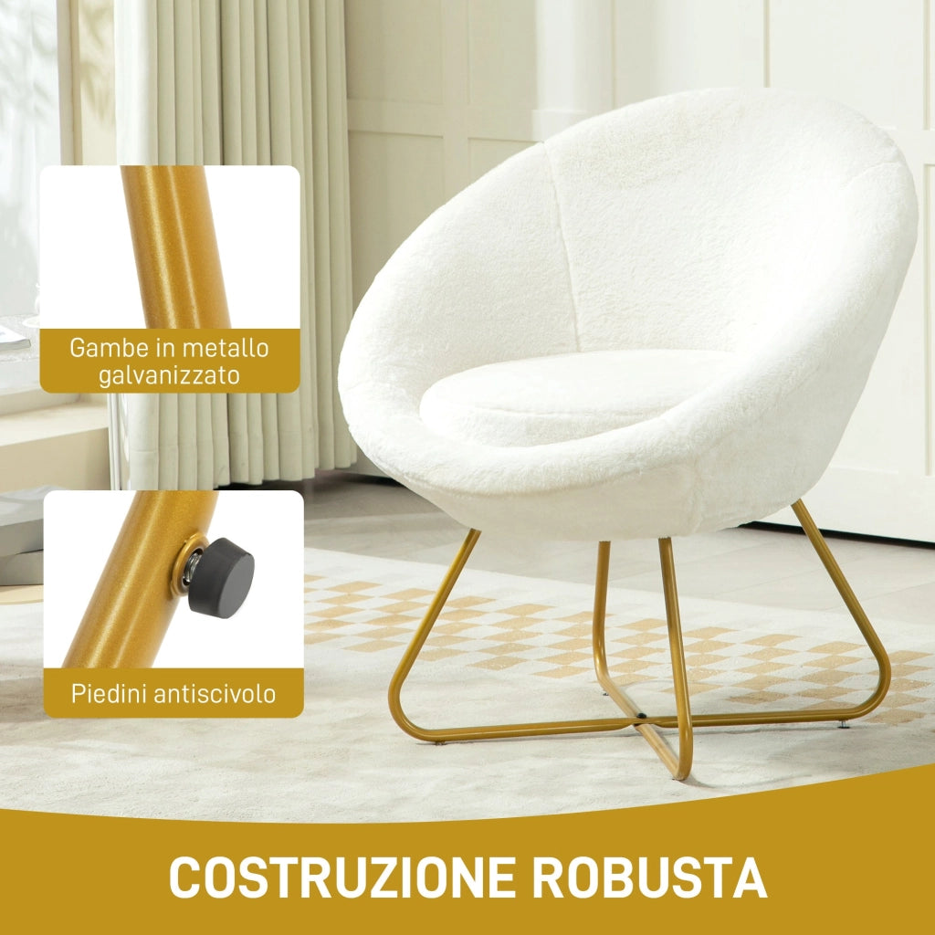 Poltrona Moderna da Camera in Finta Pelliccia con Gambe in Metallo 75x66x79 cm Bianco