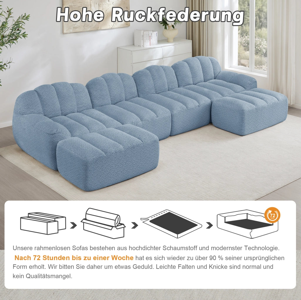 Divano modulare senza struttura rigida a U 366×165×79 cm in fleece granulato blu