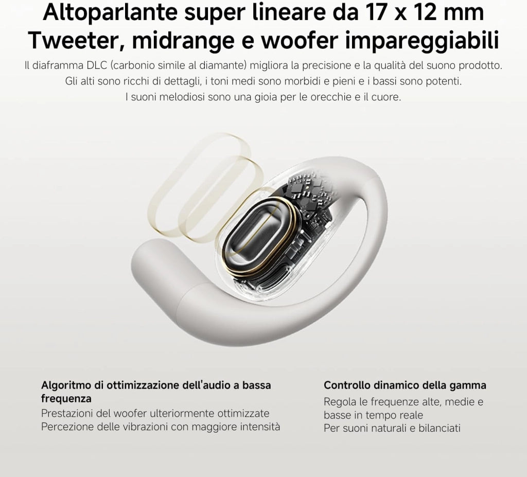 OpenWear Stereo, Cuffie Bluetooth, custodia di ricarica, Hi-Res Audio con driver dinamico, Fino a 38,5 ore di ascolto, Doppio microfono con riduzione del rumore, Design Ergonomico, Grigio