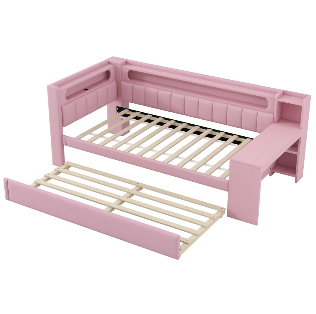 Letto singolo imbottito 90x200 cm con LED, USB e scrittoio