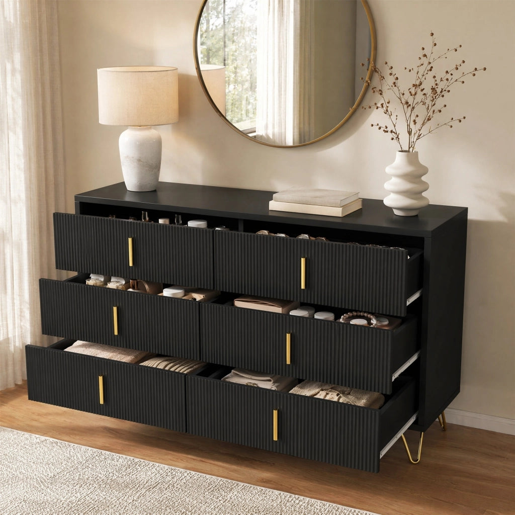 Credenza moderna 120x40x77 cm con sei cassetti; struttura in truciolare nero e oro
