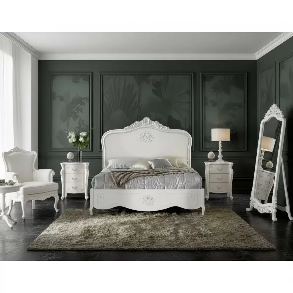 Letto matrimoniale barocco rosa intagliata bianco 182x212x156 (2134) - Mobili 2G