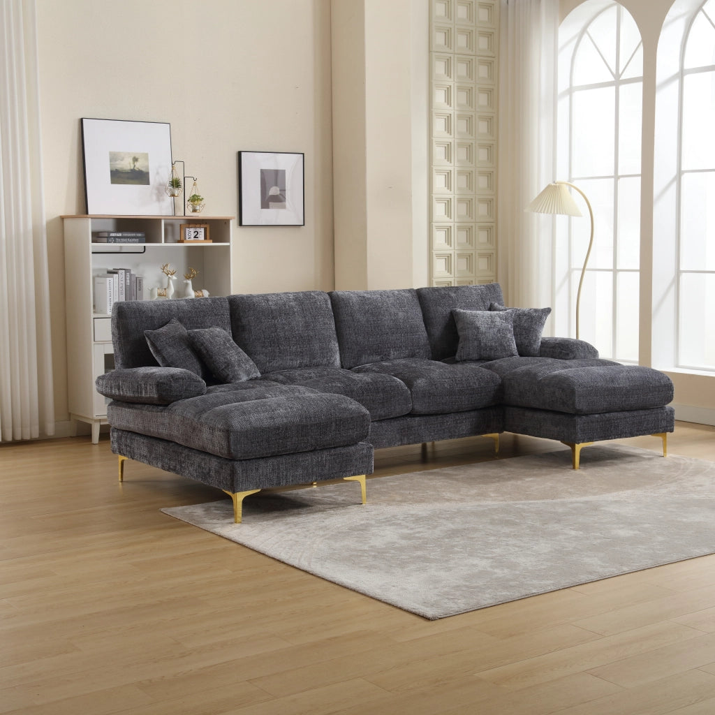Divano sezionale U a 3 posti in chenille grigio con doppia chaise longue, piedi in metallo oro, 272x136x88 cm
