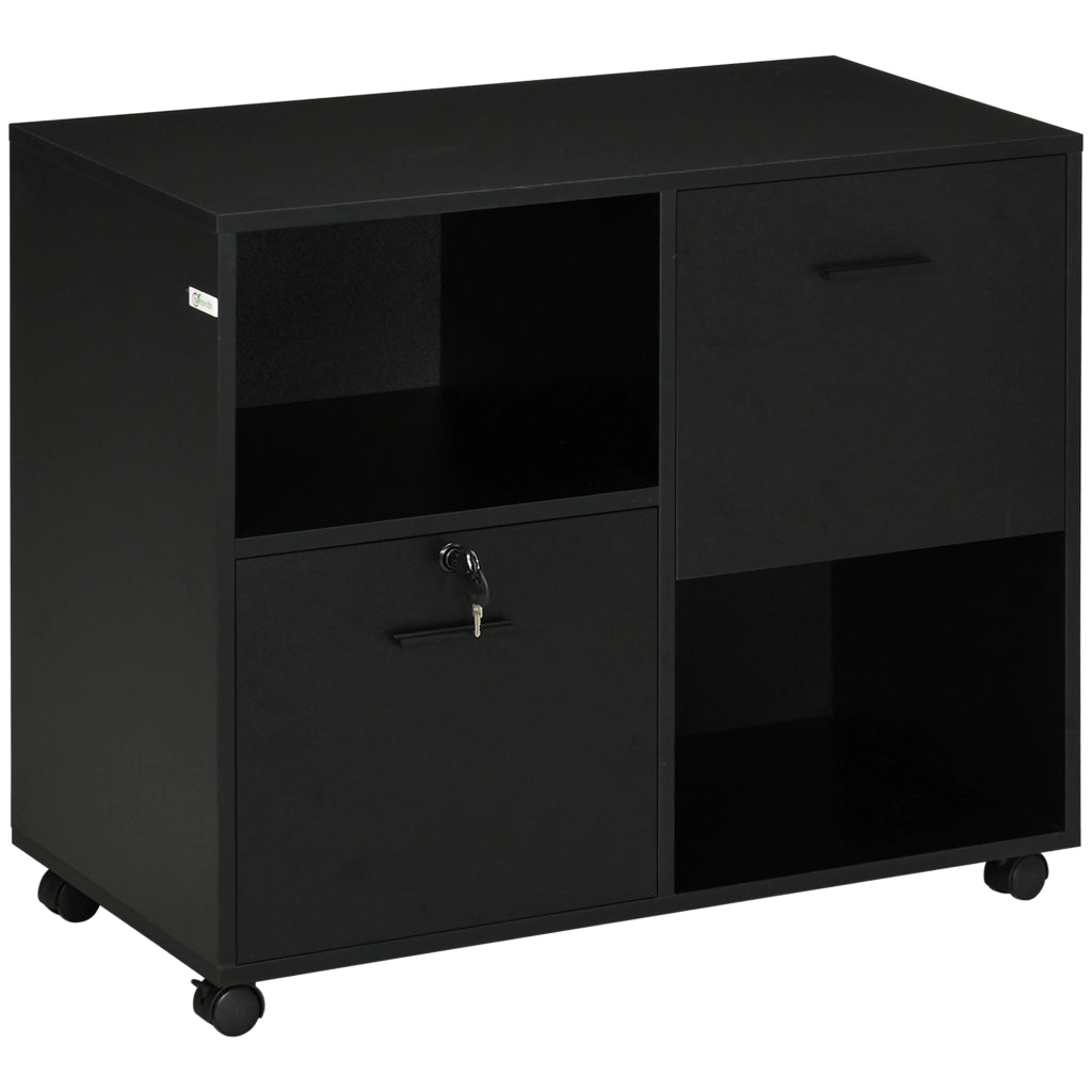 Mobile da Ufficio con 2 Cassetti Porta Documenti e Ripiani, Ruote con Blocco, 80x40x66cm, Nero