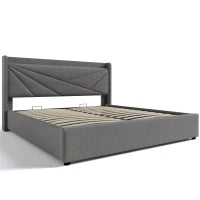 Letto Matrimoniale con Contenitore, Funzione di Ricarica USB Tipo C, in Cotone Lino, Senza Materasso, 160x200cm, Grigio