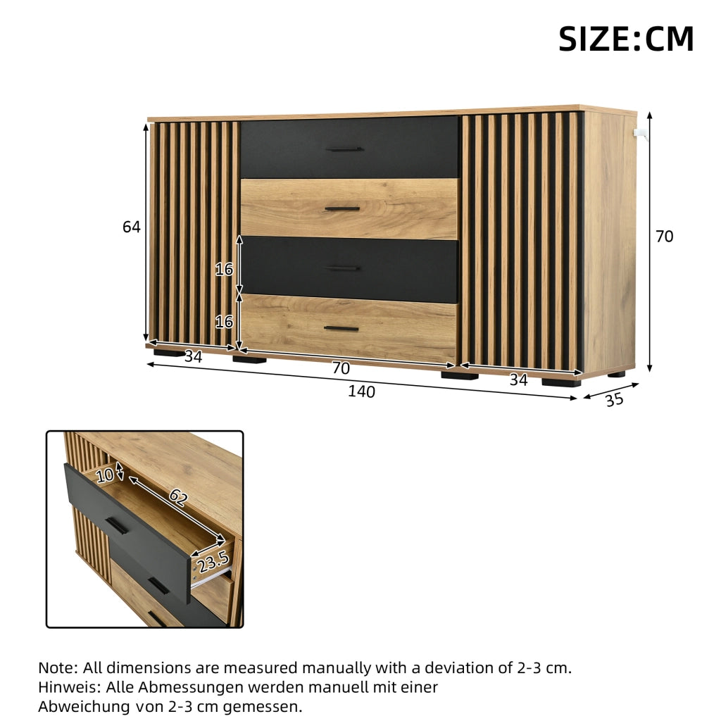 Credenza 140x35x70 cm con 4 cassetti e 2 ante in MDF nero e rovere HOMVRA