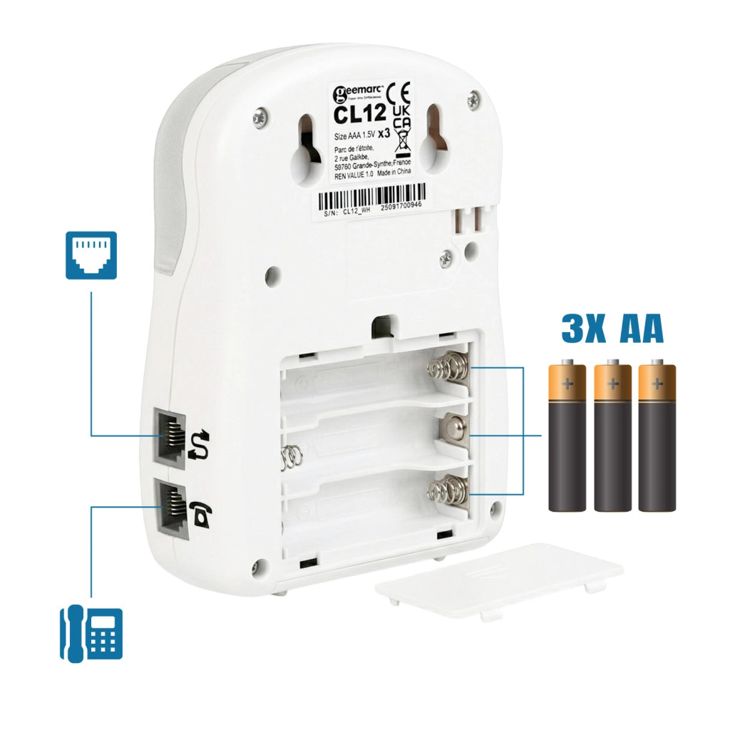 Amplificatore di Suoneria Esterno 95dB Modello CL12 per Telefono Fisso Bianco Geemarc