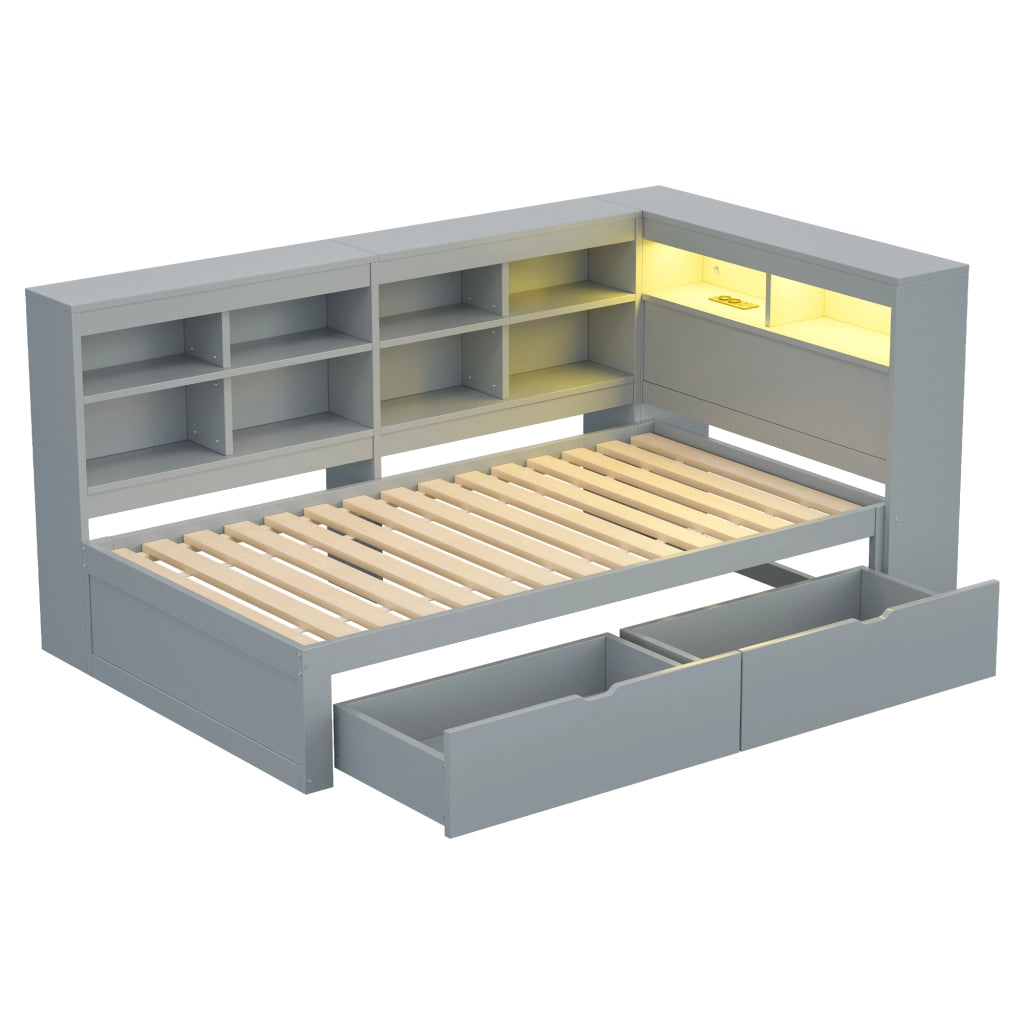 LETTO divano 90x200 cm con cassetti USB LED in legno grigio