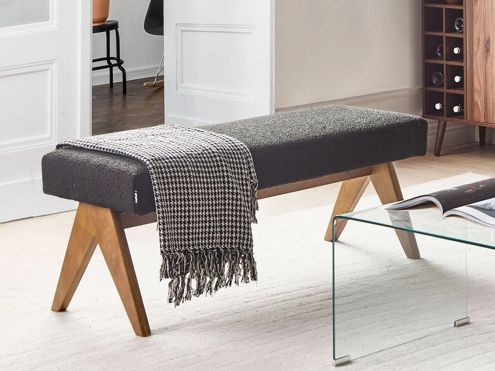 Panca Boucle nero e marrone scuro con gambe in legno imbottite Panca per corridoio e panca da letto