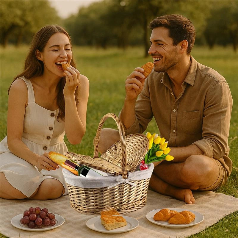 CESTINO DA PICNIC OVALE IN VIMINI CON FODERA INTERNA E MANICO DIMENSIONI 44X30X19/40H CM