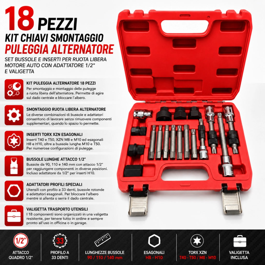Kit 18 Chiavi Smontaggio Puleggia Alternatore Auto Valigia CBC003
