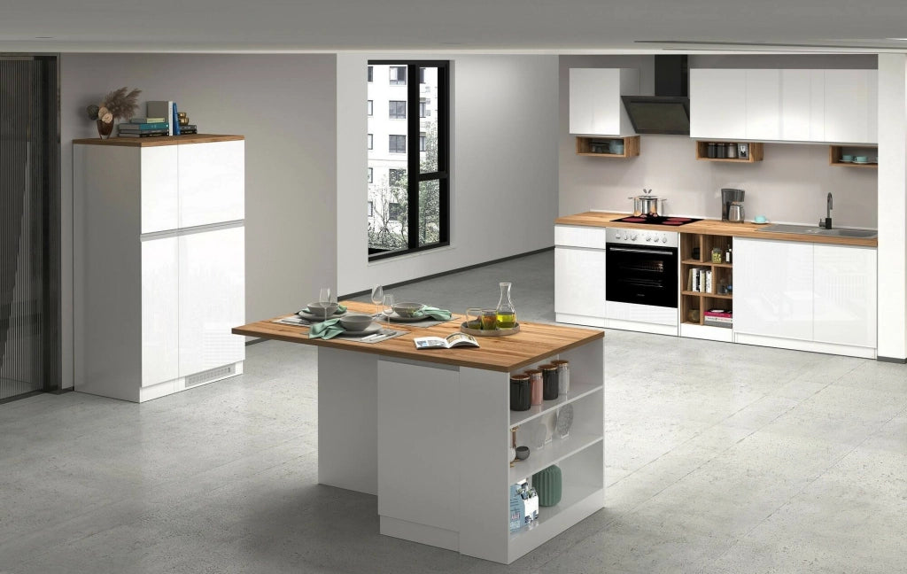 Isola da cucina Abern, Tavolo ausiliario portaoggetti, Mobile da cucina a 2 ante, 100% Made in Italy, 160x90h90 cm, Bianco lucido e Rovere