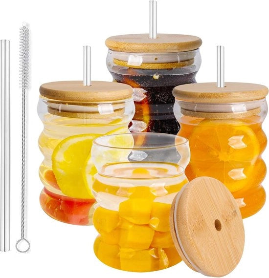 Set di bicchieri vintage con riflessi - 4-pack bicchieri da 320 ml con coperchi in legno e tappi