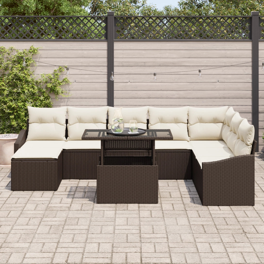 Set di Divani da Giardino 9 Pezzi con Cuscini Marrone in Rattan Polipropilene