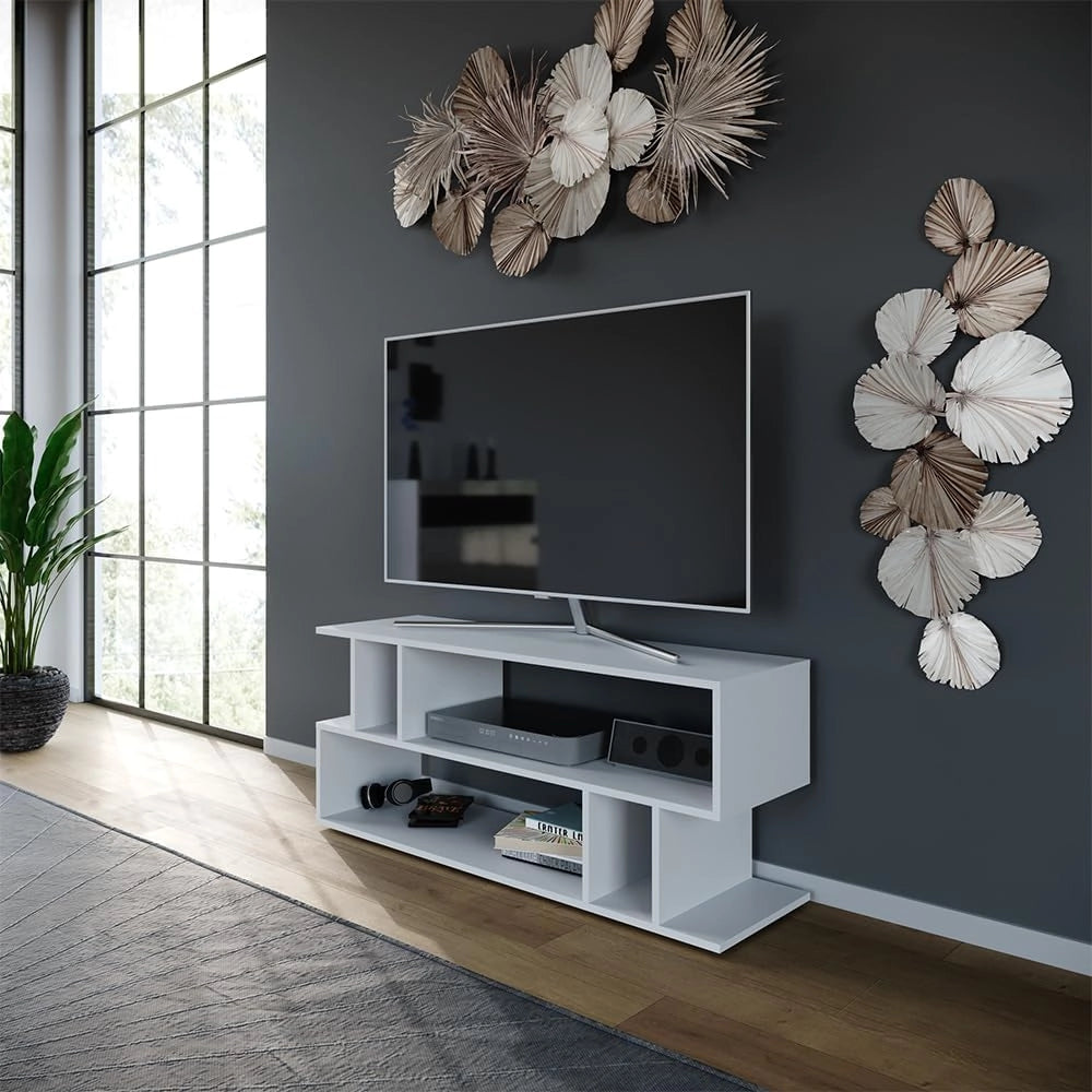Mobile tv Karel, Bianco, 120 x 50.6 cm, adatto come supporto TV con ripiani aperti