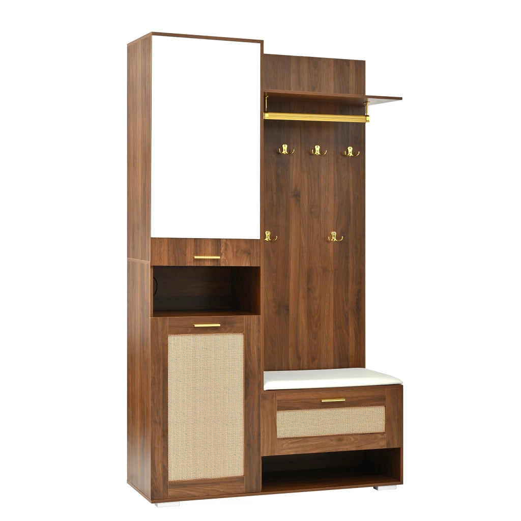Set mobili da ingresso con specchio, 3 ante, panca con cuscino e LED, in MDF e pannelli di particelle noce e bianco