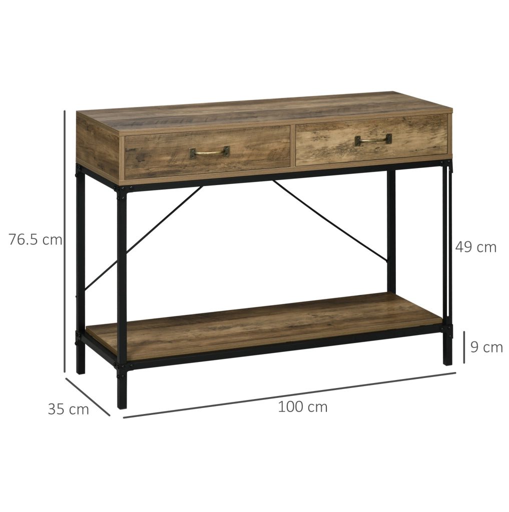 Tavolo consolle industriale con 2 cassetti e ripiano 100x35x76;5 cm marrone nero