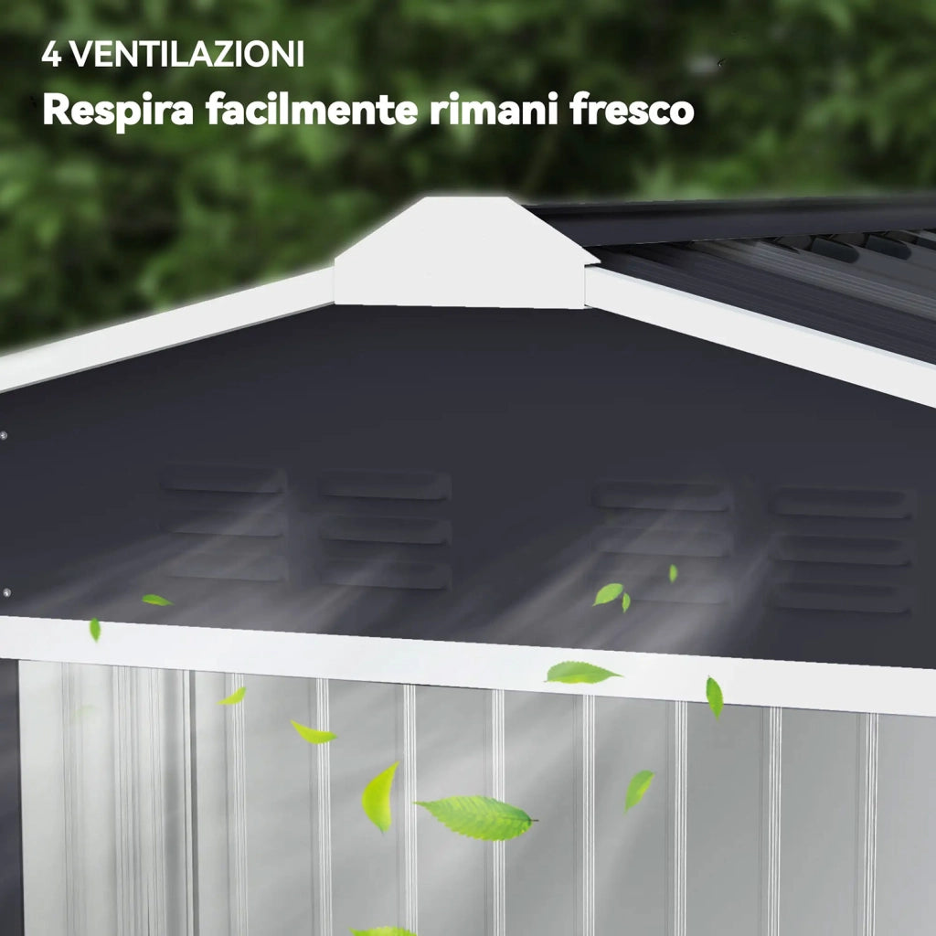Casetta da Giardino 213x130x185 cm con Prese d'Aria e Doppia Porta Scorrevole in Metallo Grigio Scuro