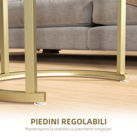 Set 2 Tavolini da Caffè Ø50x50.5 cm e 60x36x43.5 cm con Piano Effetto Marmo in Legno e Acciaio Bianco