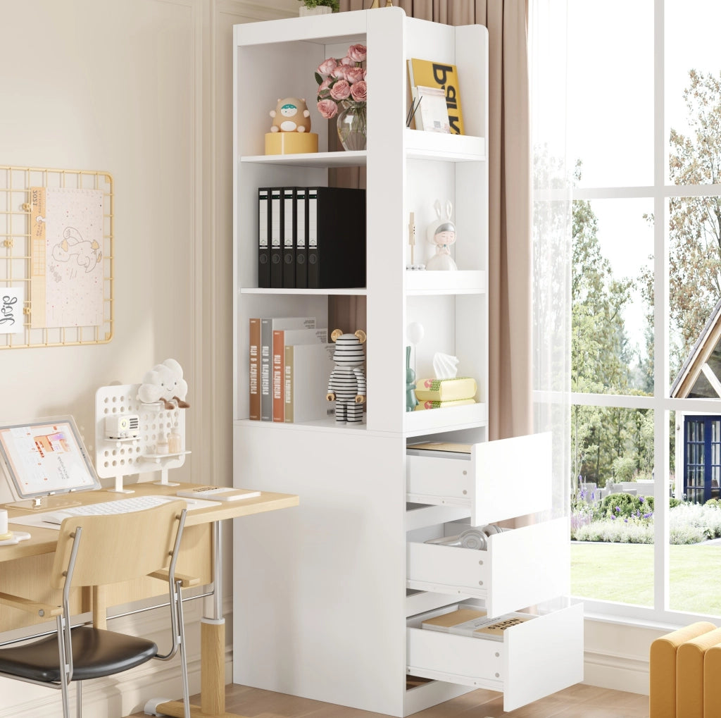 Libreria stretta con 3 ripiani aperti e 3 cassetti; reversibile; 60 x 40 x 200 cm; bianco