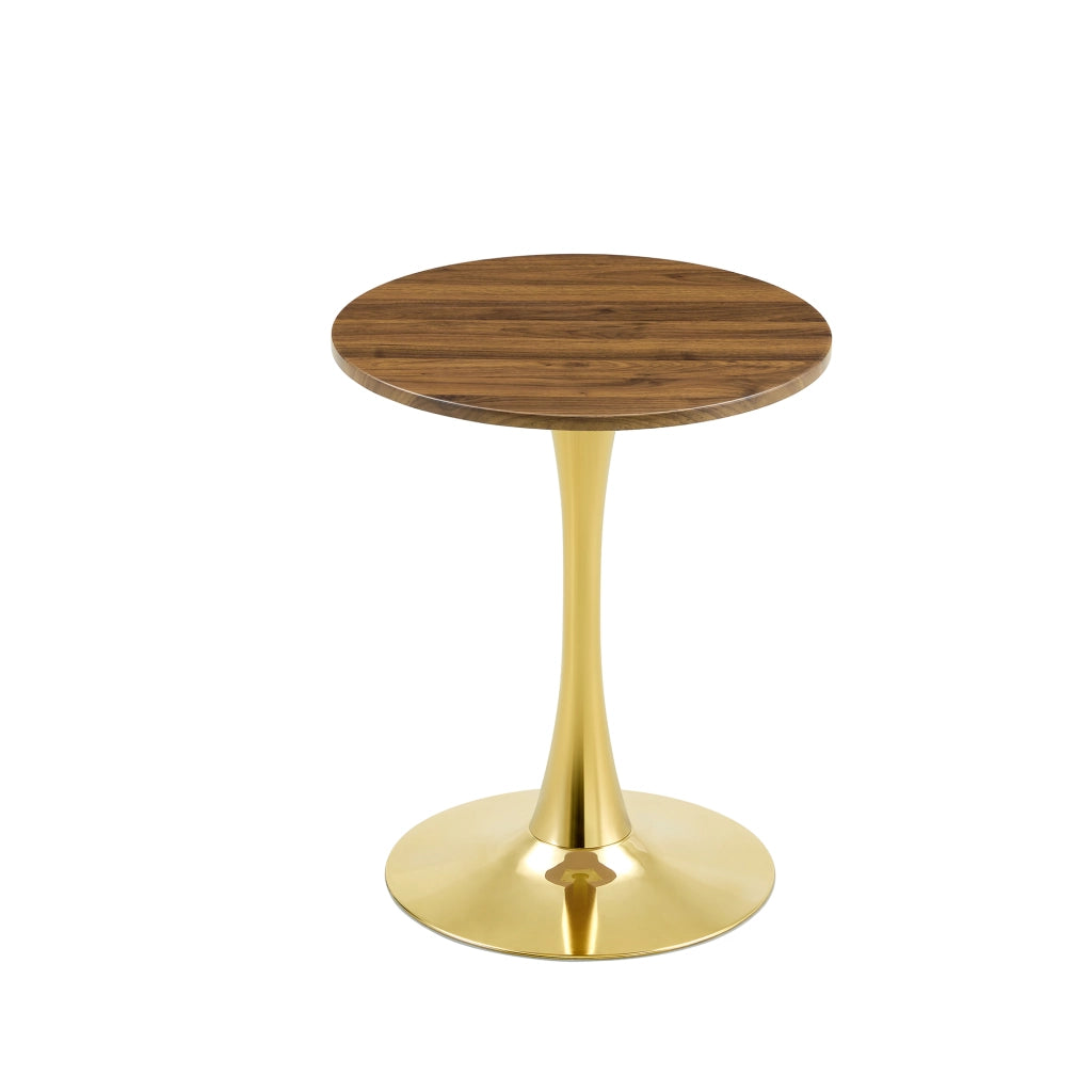 Tavolo da pranzo rotondo con base centrale e piano effetto noce stile retrò moderno in MDF e metallo oro per soggiorno e sala da pranzo
