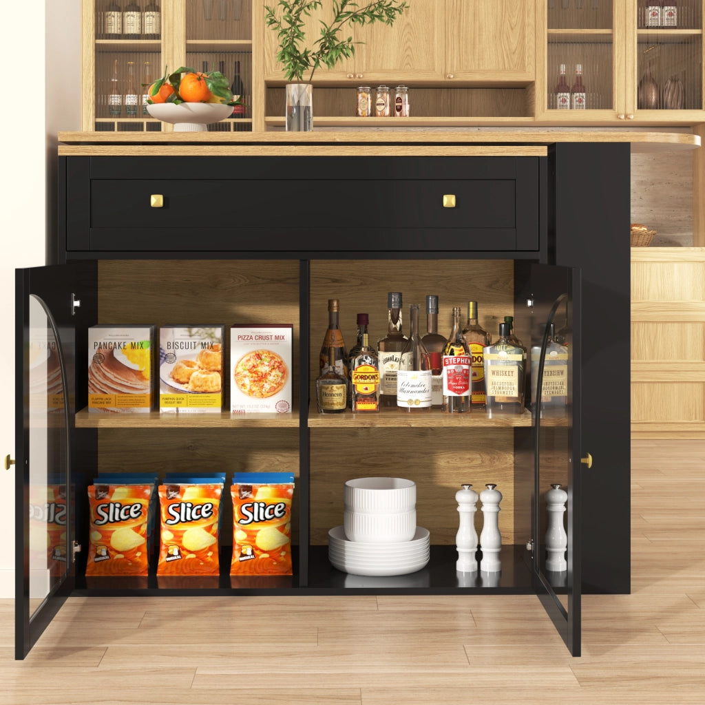 Tavolo Bar Estensibile con 1 Anta in Vetro; 3 Ripiani e Rotazione a 360°; per Cucina; in MDF; Nero; 138×39×104 cm