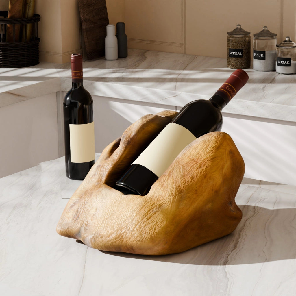 Portabottiglie vino in legno massiccio, supporto singolo irregolare per tavolo, cucina, bar e soggiorno