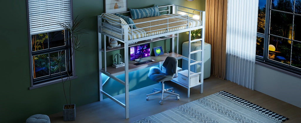DESMIU Letto a Soppalco Singolo con Scrivania, Scaffali, USB, Presa e LED Regolabile 90 × 200 cm, Senza Materasso