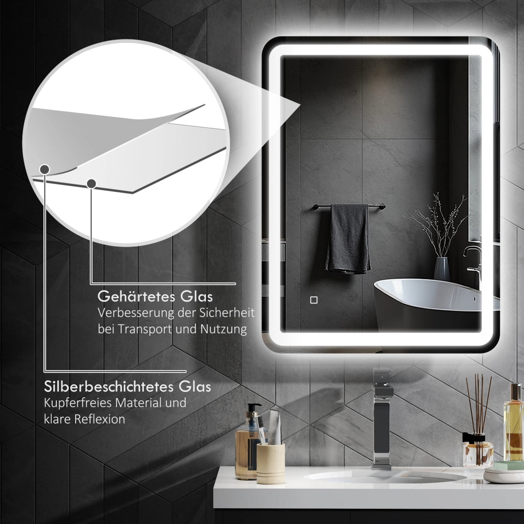 Specchio da Bagno Illuminato ¨C zephmum ¨C Touch Dimmabile 3 Colori 60x80cm Argento