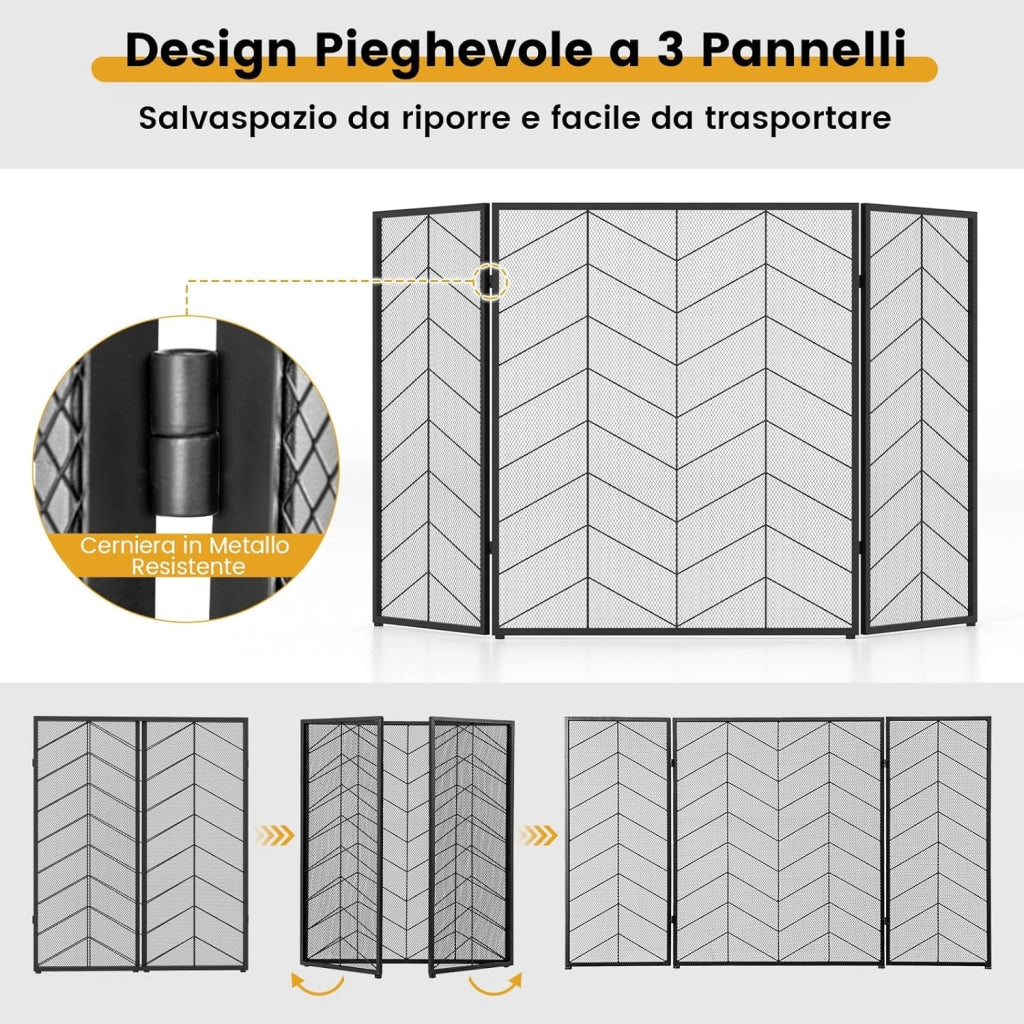 Parascintille per Camino 132 x 79 cm, Paraschizzi Camino Pieghevole a 3 Pannelli con Motivo Bello, Barriera Protettiva Robusta in Metallo per Camino (Stile 2)