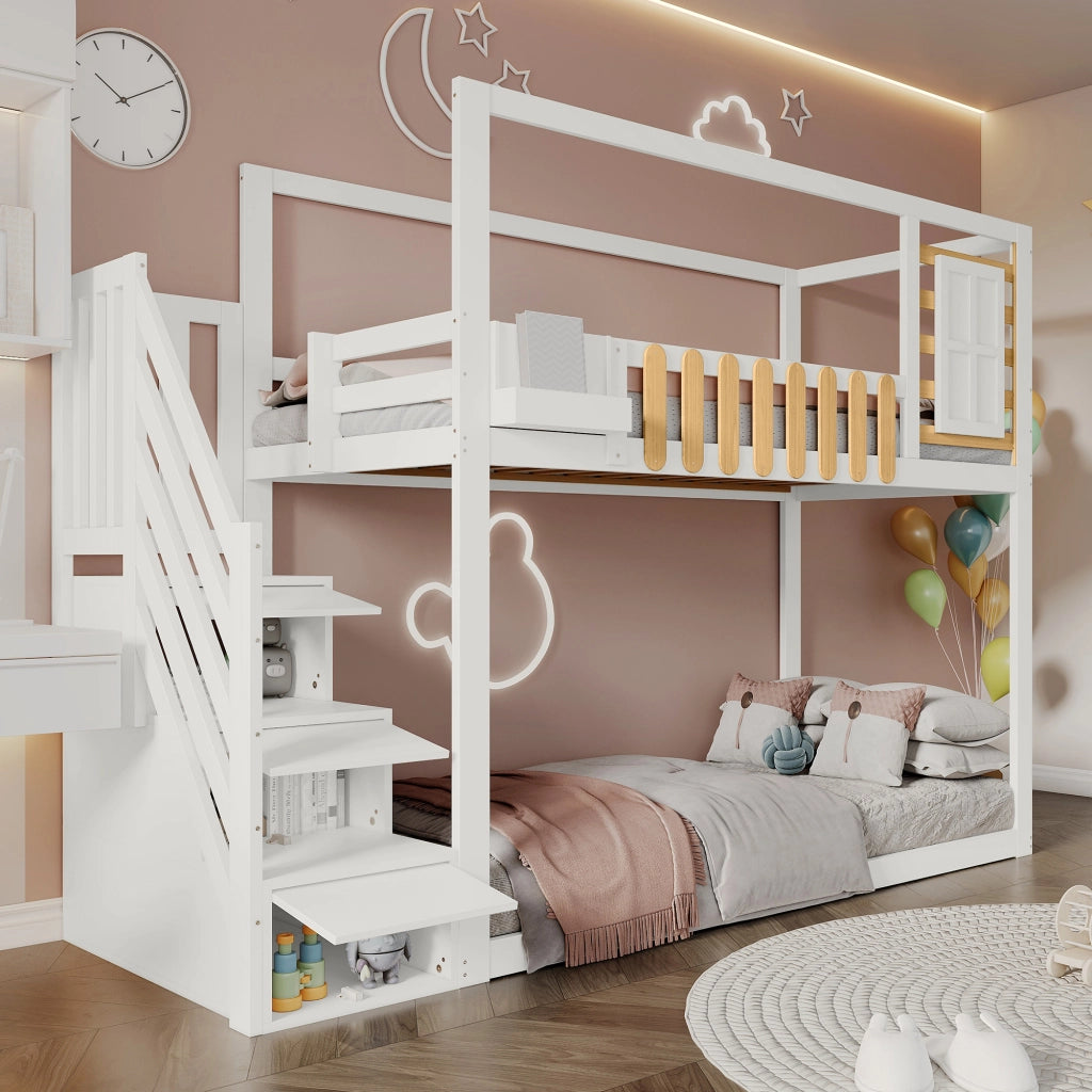 OKWISH Letto a Castello 90×200 cm, Letto Singolo con Scala, 3 Scomparti e Finestra, senza Materasso, in Legno, Bianco e Naturale
