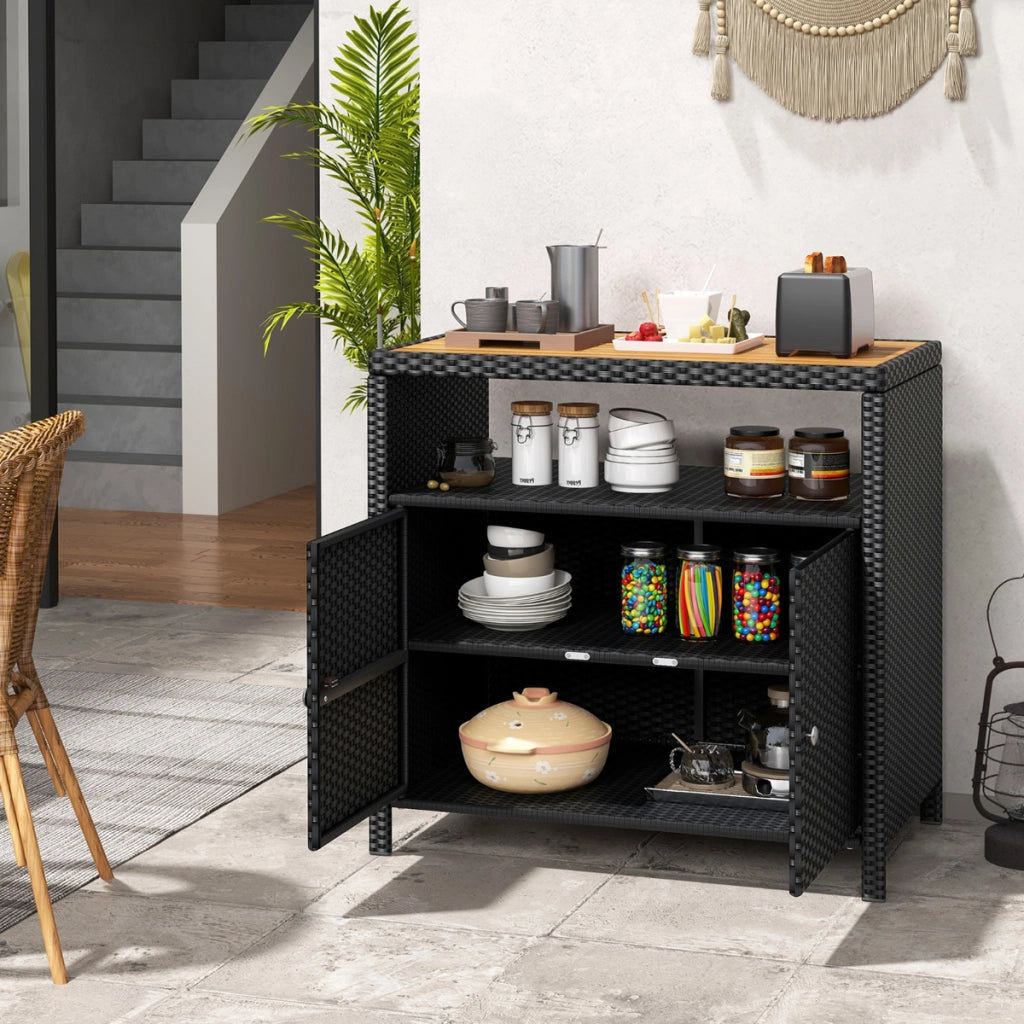Armadietto portaoggetti in rattan con piano in legno di acacia-Mobile buffet per esterni con armadio a 2 ante Nero