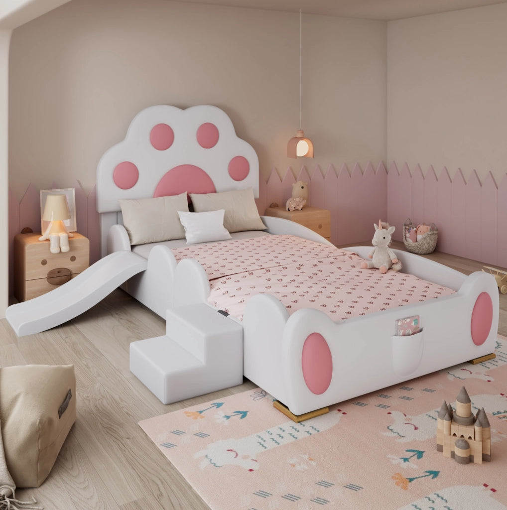 Letto singolo imbottito per bambini con scivolo e scala; 90x200 cm; PU rosa e bianco