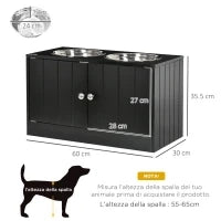 Ciotola per Cani Rialzata con Vano Contenitore, 2 Ciotole in Acciaio Inox Rimovibili, 60x30x35.5cm, Nero