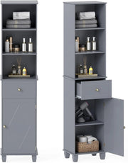 Armadio alto da bagno 172 cm, mobile a colonna da pavimento con 3 ripiani aperti, 1 cassetto e 1 porta, ripiano inferiore regolabile, 40 x 30 x 172 cm, organizer per cucina, soggiorno (grigio)